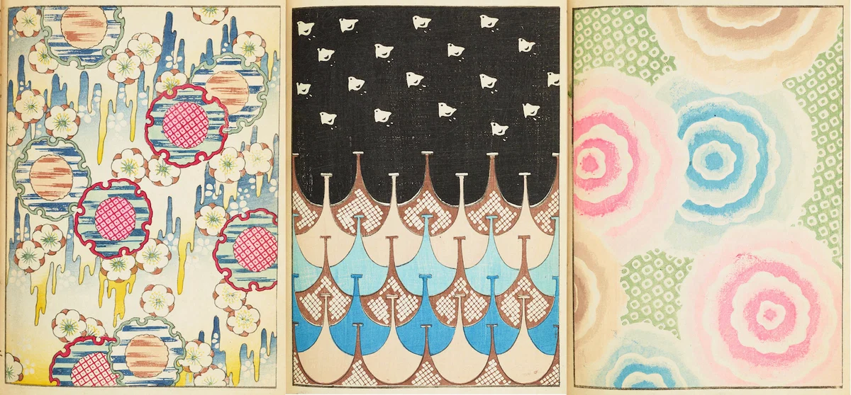 Japanese decorative art panels featuring cherry blossoms, geometric patterns, and pastel roses